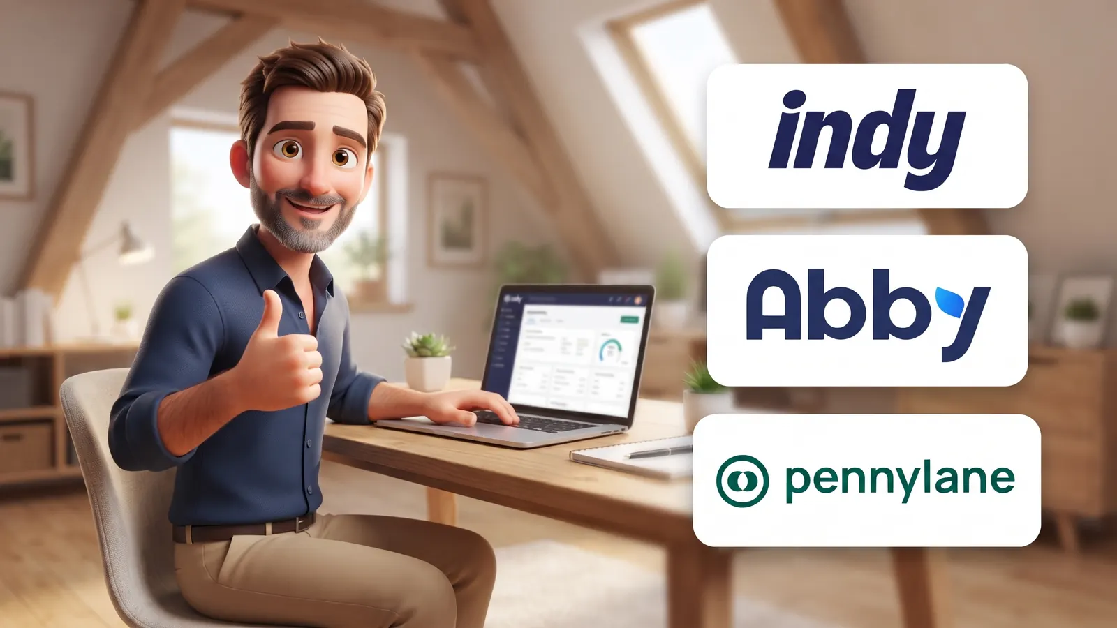 Alexandre Mercier, un indépendant qui compare plusieurs logiciels de comptabilité sur son ordinateur portable, bureau lumineux