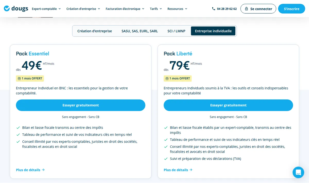 Grille tarifaire de Dougs, onglet Entreprise individuelle