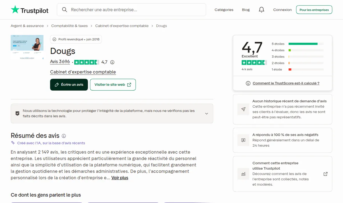 Note de Dougs sur Trustpilot : 4,7/5 sur 3 696 avis