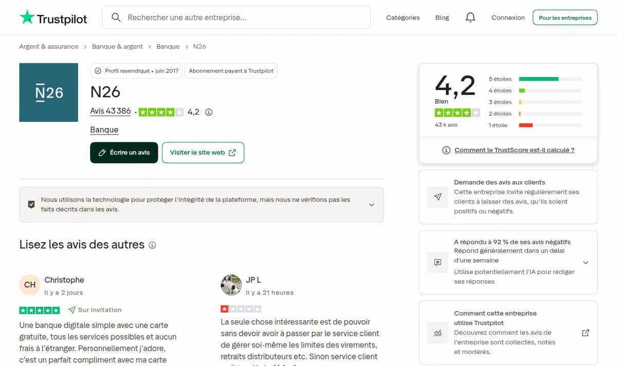 Note de N26 sur Trustpilot : 4,2/5 sur 43 386 avis