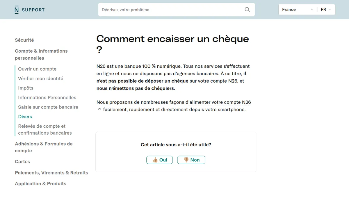 Aide officielle N26 : pas de dépôt de chèque ni de chéquier