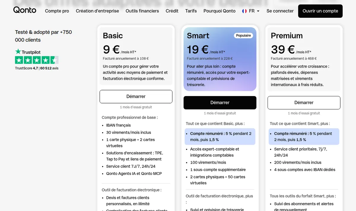 Grille tarifaire de Qonto pour les indépendants (prix en paiement annuel)