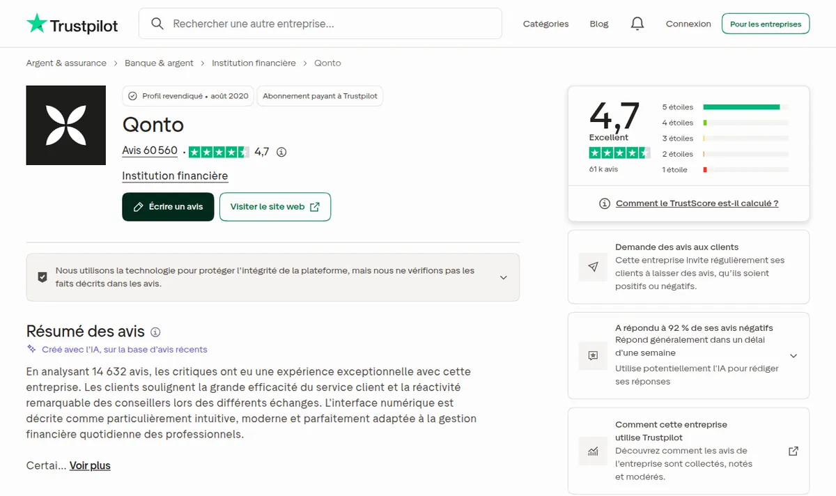 Note de Qonto sur Trustpilot : 4,7/5 sur 60 560 avis