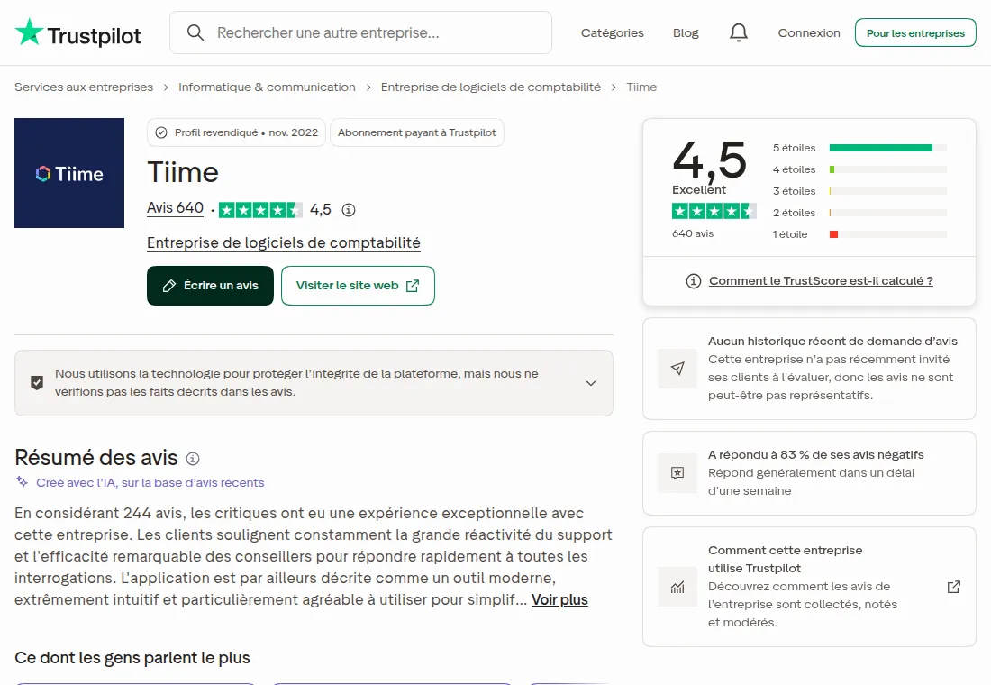 Note de Tiime sur Trustpilot : 4,5/5 sur 640 avis