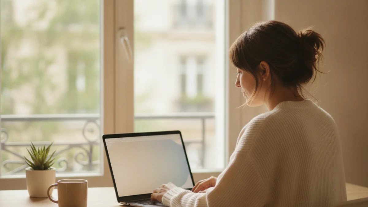 Independant travaillant sereinement sur un ordinateur portable dans un bureau lumineux
